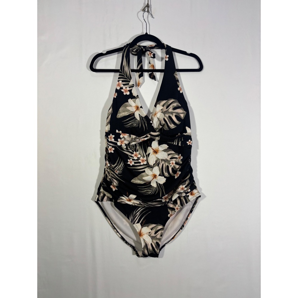 Tropical Floral Island Waves One Piece Swimsuit Womens XL Black